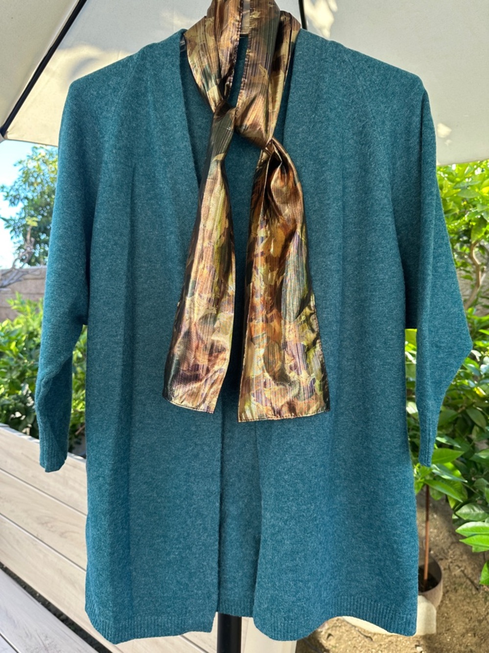 Marled Teal Open-Front Dolman Sleeve Sweater Cardigan (L) & Gold Patterned Scarf